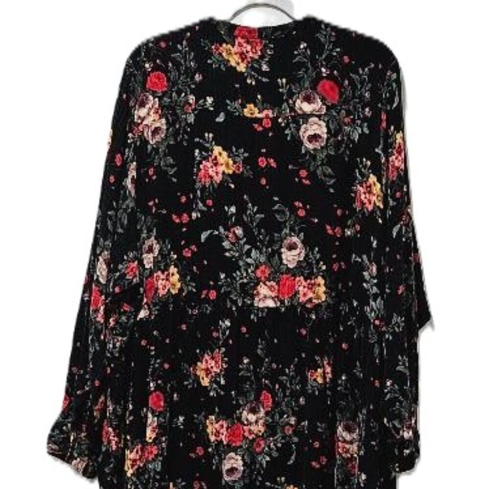 TORRID BLACK RED PINK GOLD FLORAL LONG SLEEVE V-NECK BABY DOLL TUNIC BLOUSE 5 - Picture 5 of 9
